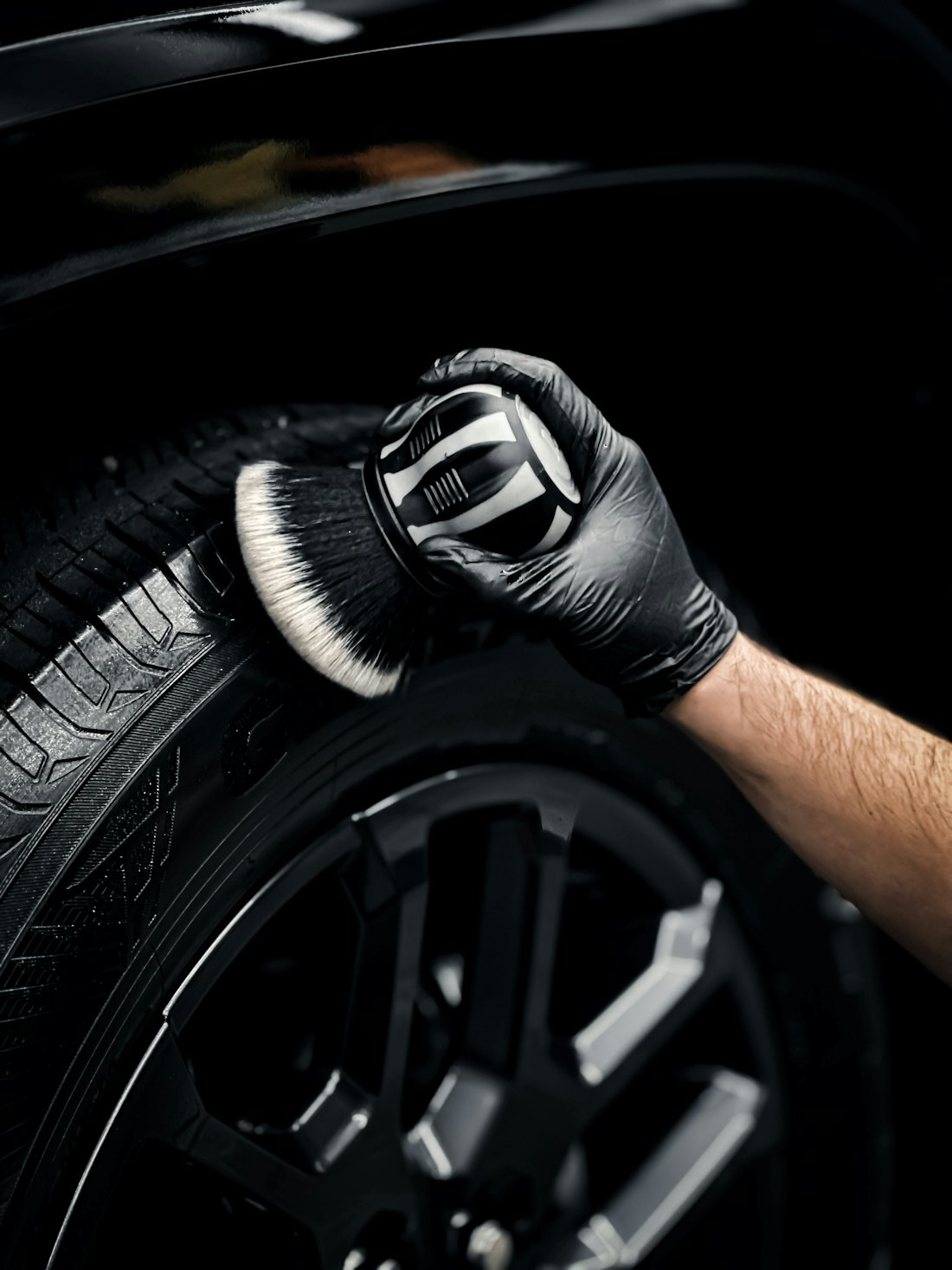 Tyre cleaned with a brush