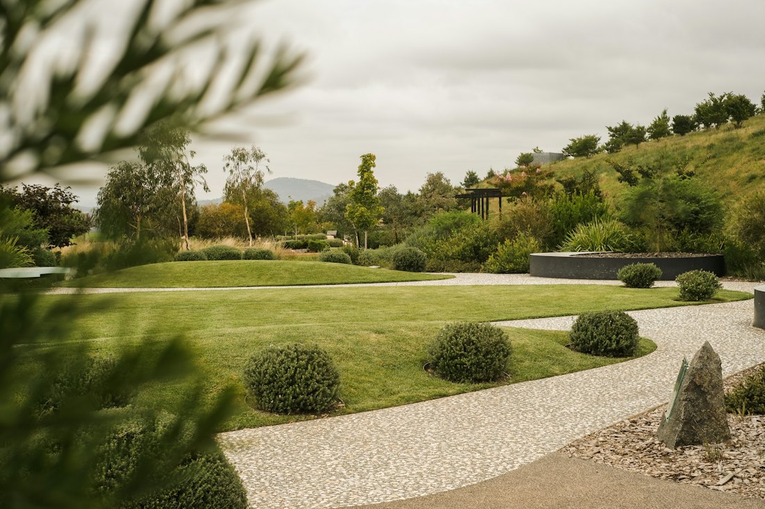Large lawn with shrubs