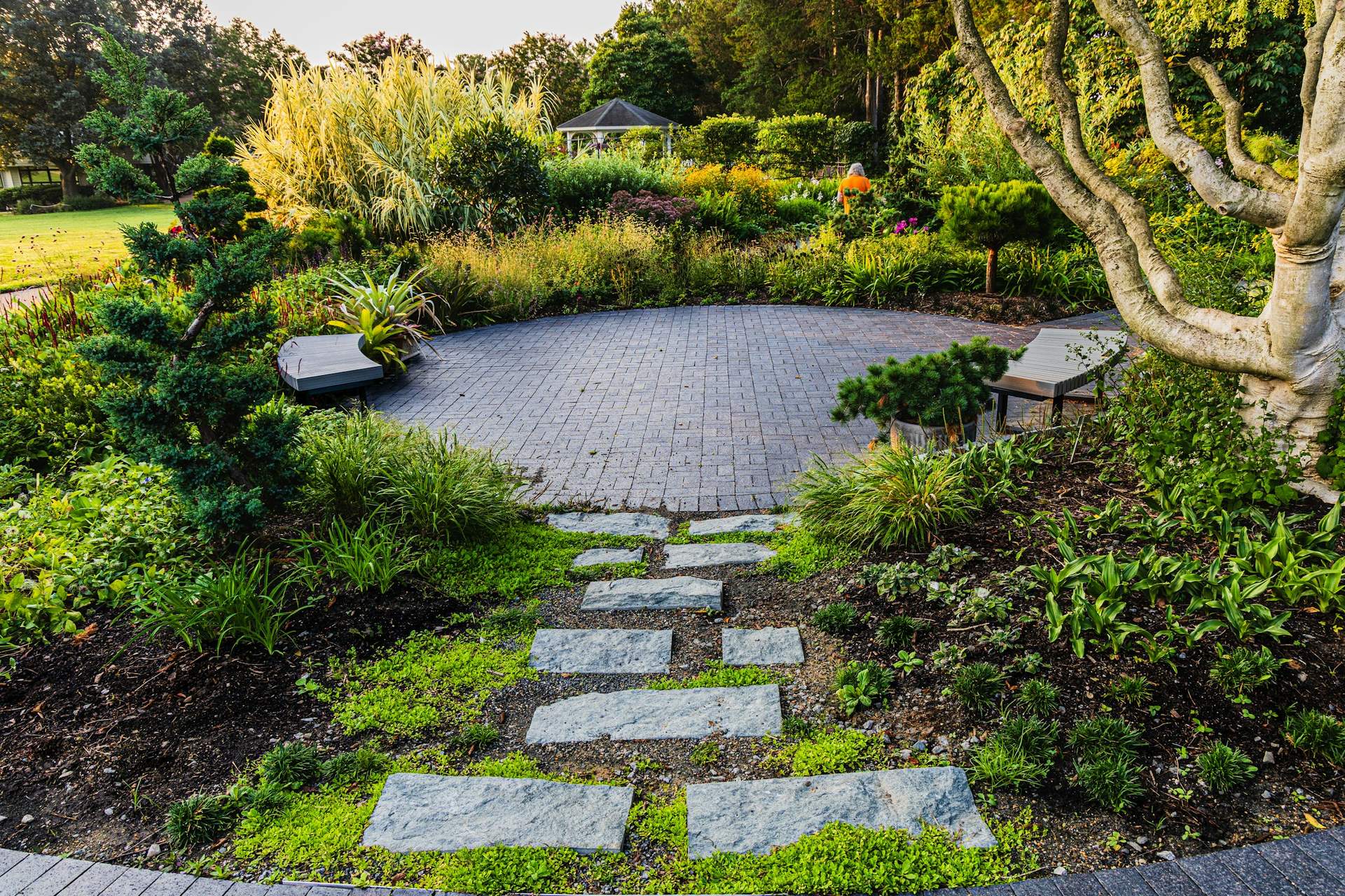 Lush garden with a circular paved patio and stepping stones